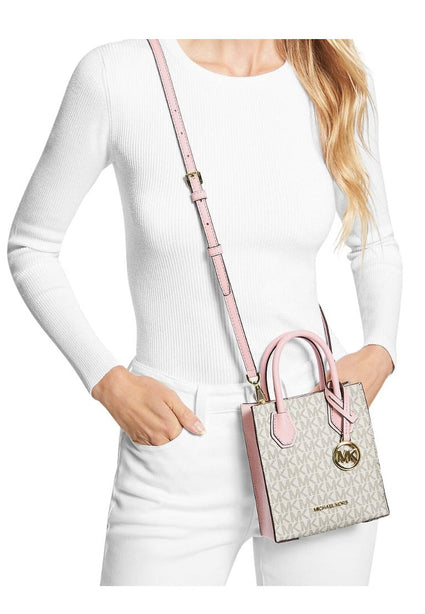 Michael Kors Mercer Extra-Small Signature Crossbody Bag - Vanilla/Powder Blush