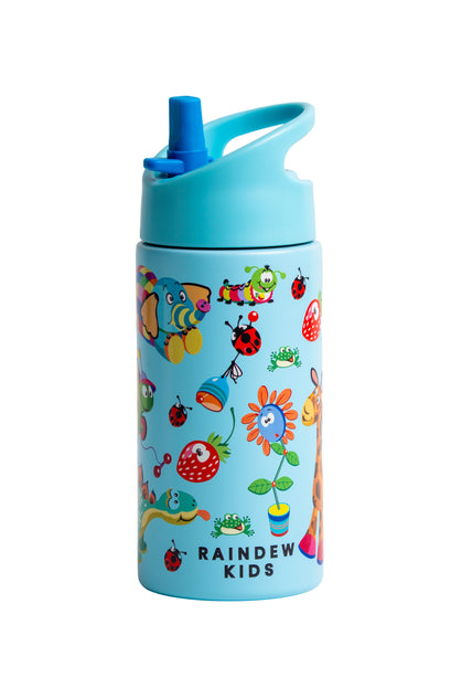 Raindew Kids Animal Lover Water Bottle.   Flip-up Spout/Straw Mechanism and an Integrated carrying loop, Insulated.