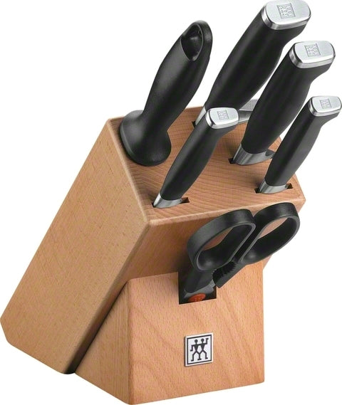 Zwilling Twin Four Star Ii Block Set, 7 Pieces - Chef'S Knife, Slicing Knife, Paring Knife, Utility Knife, Sharpening Steel, Multi Purpose Shear And Wooden Block