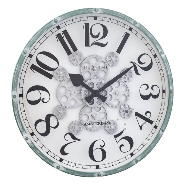 NeXtime Henry Moving Gear Wall Clock 50cm Metal/Glass, Silent Movement (Green/White)