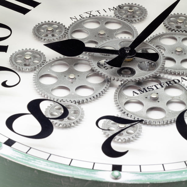 NeXtime Henry Moving Gear Wall Clock 50cm Metal/Glass, Silent Movement (Green/White)