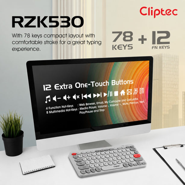 Cliptec RZK530 Dual Mode Rechargeable Wireless Multimedia Silent Keyboard - Grey