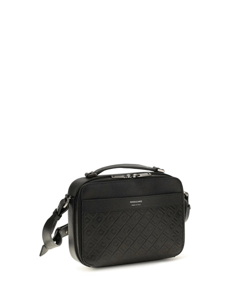 Ferragamo Leather crossbody Bag with embossed Gancini pattern - Black