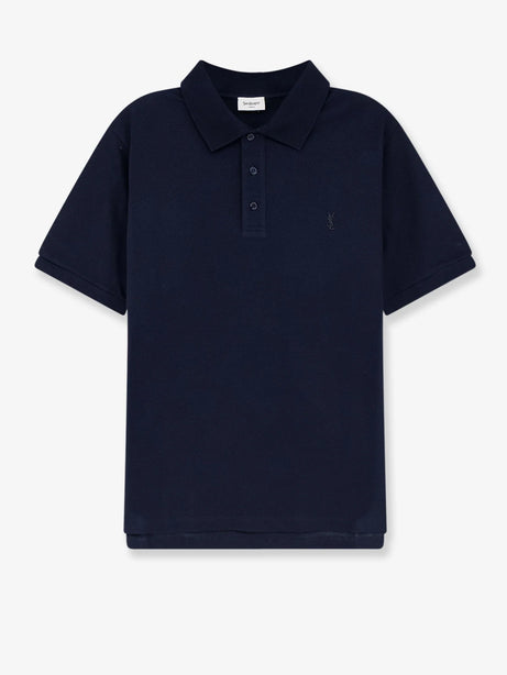 Saint Laurent Piqué cotton polo shirt with Cassandre embroidery - Navy