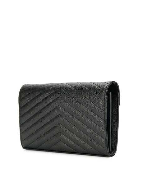 Saint Laurent Cassandre Grain de Poudre Leather Wallet on Chain - Black
