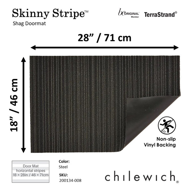 Chilewich TerraStrand® Microban® Indoor/Outdoor Skinny Stripe Door Mat, 46 x 71 cm, Tufted Shag, Steel