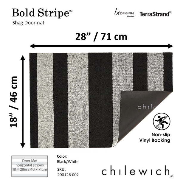 Chilewich TerraStrand® Microban® Indoor/Outdoor Bold Stripe Door Mat, 46 x 71 cm, Tufted Shag, Black/White