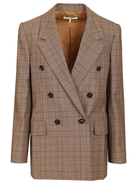 Chloe' Double-Breasted Tailored Checked Wool Jacket - Brown