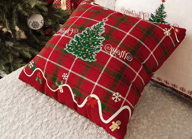 Checker Christmas Tree Set of 2 Cushion Cover (No Inner) - Red