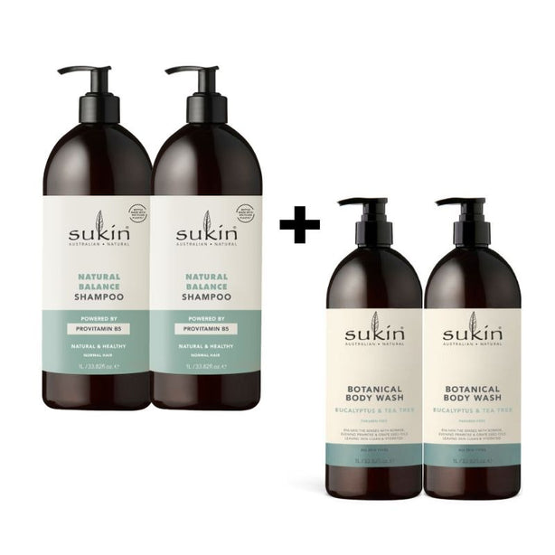 Family Value Set: Sukin Natural Balance Shampoo (1Lx2) + Sukin Botanical Body Wash Eucalyptus & Tea Tree (1Lx2)