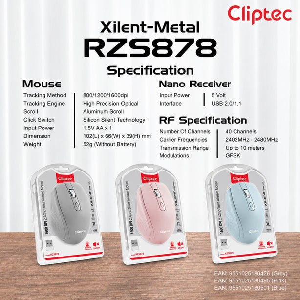 Cliptec RZS878 Xilent-Metal - 2.4GHZ 1600 DPI Silent Wireless Mouse (AA Battery)