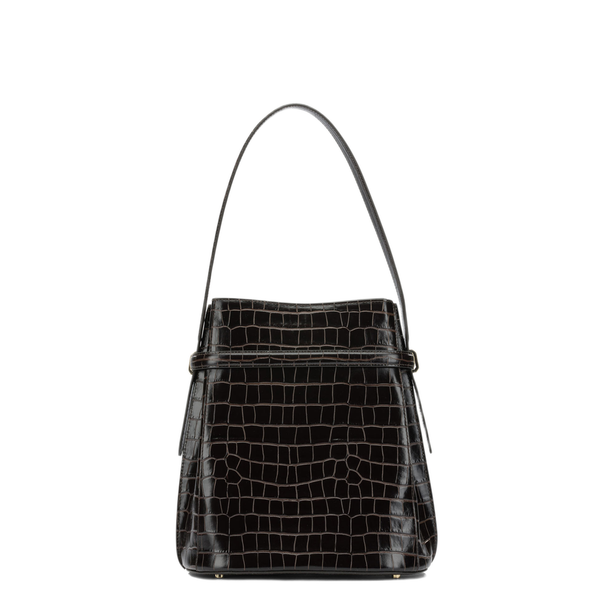 One Size Croco-Embossed Leather Bucket Bag - Dark Brown