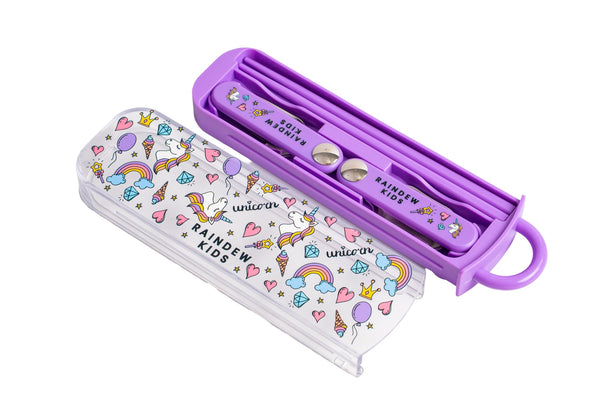 Raindew Kids Unicorn Cutlery Set . The Set Includes Foldable Fork, Spoon and a Pair of Chopstick.