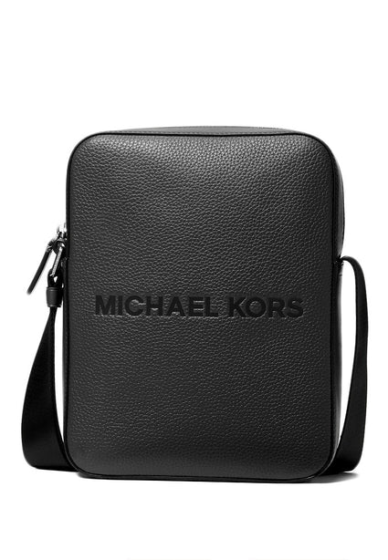 Michael Kors Mens Cooper Logo Embossed Pebbled Leather Messenger Bag - Black