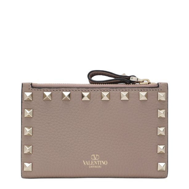 Powder Pink Leather Rockstud Zip Card Holder