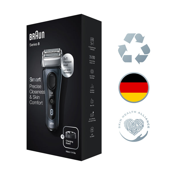 Braun Series 8 8413s Wet & Dry Shaver with Charging Stand and Travel Case, Fjord Grey.