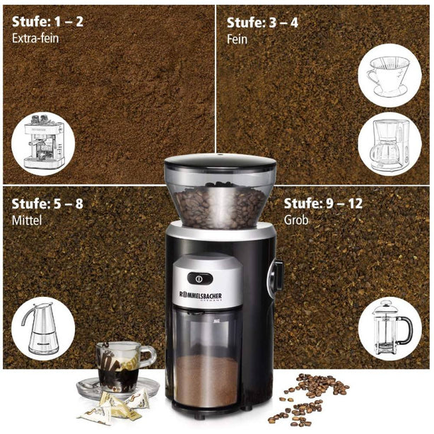Rommelsbacher EKM 300 Coffee Mill with Conical Burr Grinder 150w 220 Grams Large Storage Capacity
