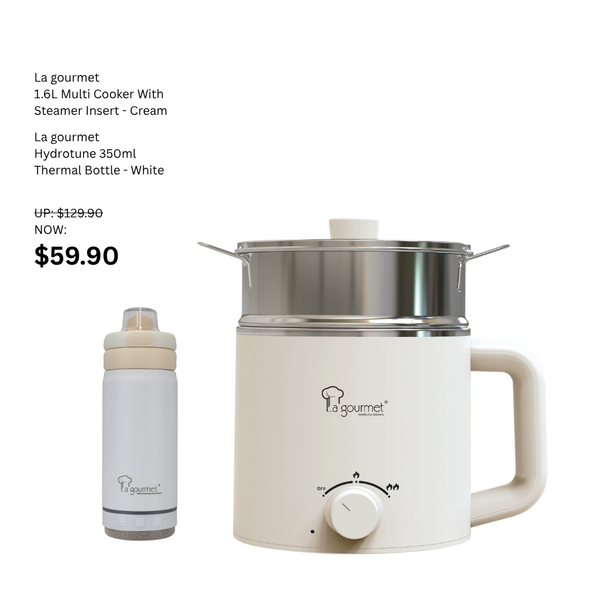La Gourmet 1.6L Multi Cooker With Steamer Insert + La Gourmet Hydrotune 350ml Thermal Bottle White