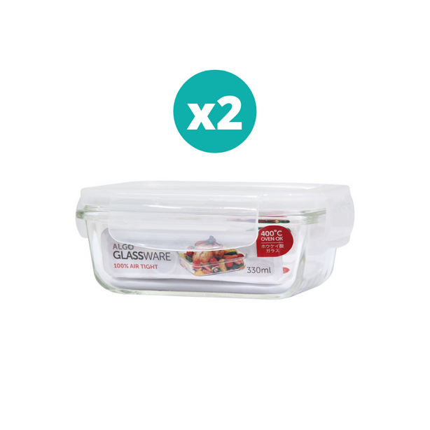 Algo Glass Food Container 330ml Rectangular 2P Set