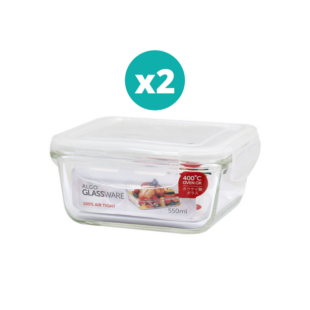 Algo Glass Food Container 550ml Square 2P Set