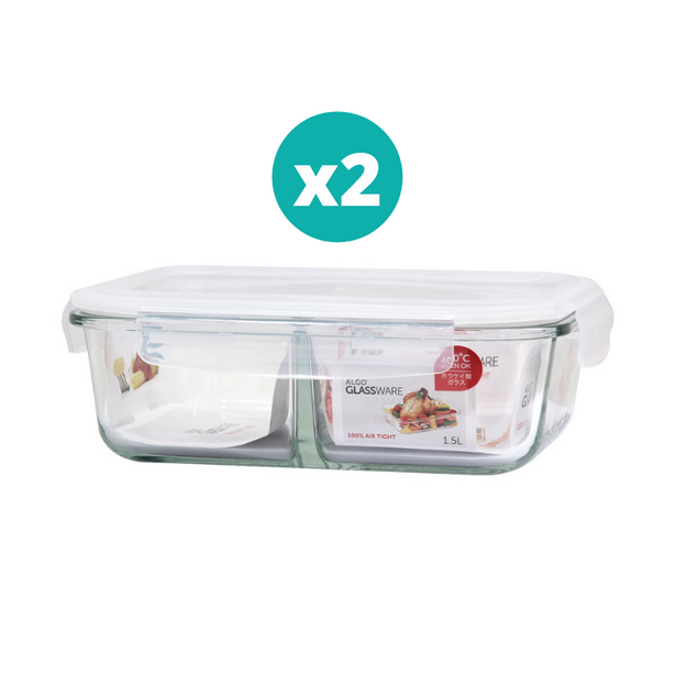 Algo Glass Food Container with Divider 1500ml Rectangular 2P Set