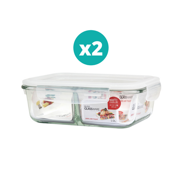 Algo Glass Food Container with Divider 1000ml Rectangular 2P Set