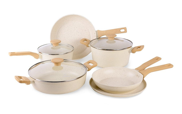 9 Piece Forged Aluminium Cookware Set Marble Set (CREAM)  - Local Delivery Only