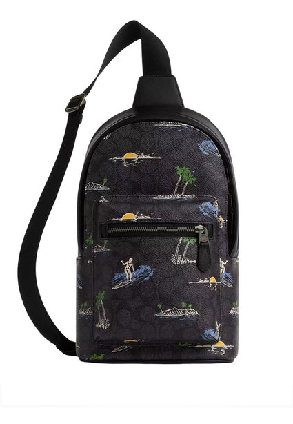 Coach Mens West Pack In Signature Canvas With Surf Print - Black