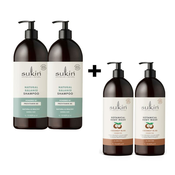 Family Value Set: Sukin Natural Balance Shampoo (1Lx2) + Sukin Botanical Body Wash Coconut Bliss (1Lx2)
