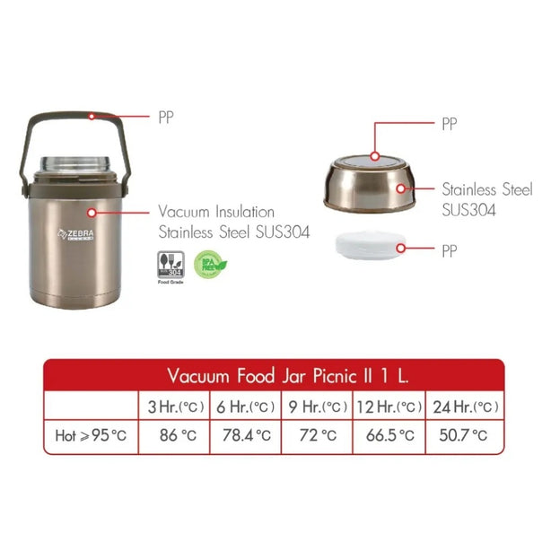 Zebra Vacuum Food Container 1L, Brown, Picnic