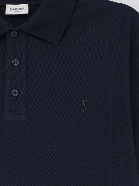 Saint Laurent Piqué cotton polo shirt with Cassandre embroidery - Navy