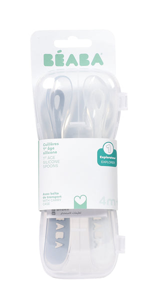 Beaba 1st Stage Silicone Spoons & Case 2 Pack - Cloud Blue/Pebble