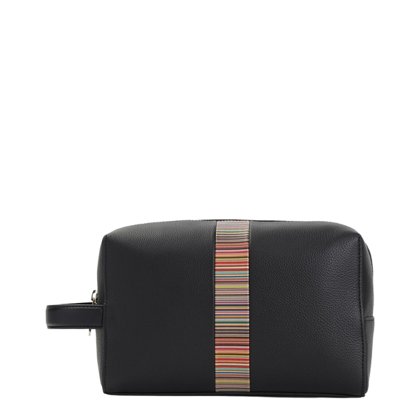Signature Stripe Medium Leather Wash Bag - Black