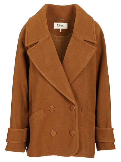 Chloe' Short Double-Breasted Wool Coat With Herringbone Pattern - Brown