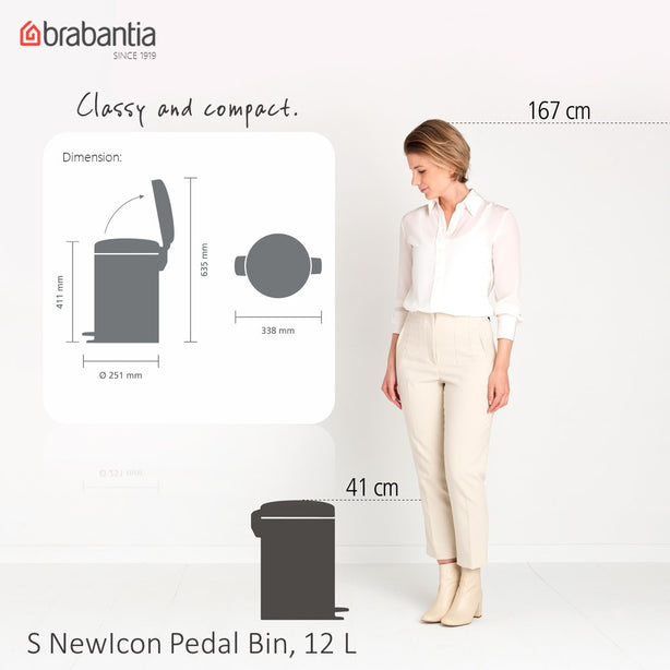 Brabantia NewIcon Soft Closing Pedal Bin S, Plastic Inner Bucket, 12 L