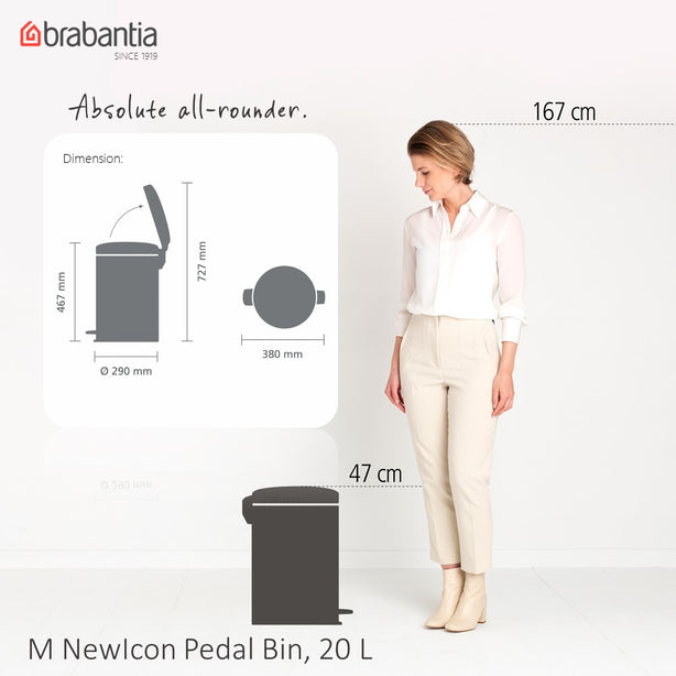 Brabantia NewIcon Soft Closing Pedal Bin M, Plastic Inner Bucket, 20 L