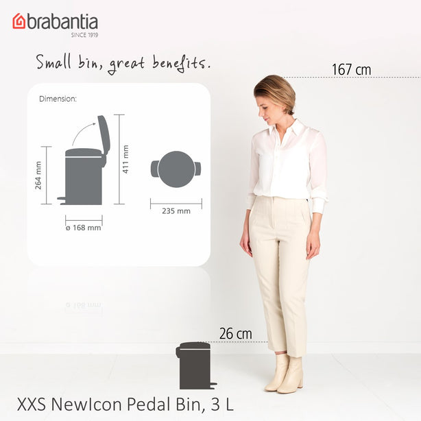 Brabantia NewIcon Soft Closing Pedal Bin XXS, Plastic Inner Bucket, 3 L