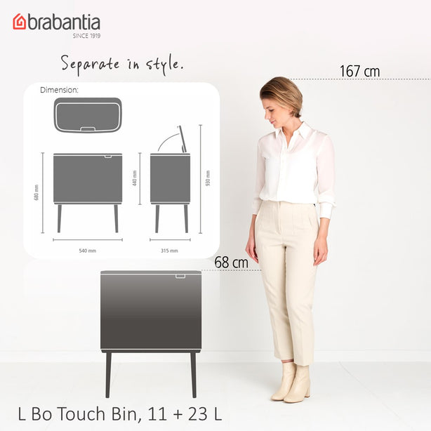 Brabantia Bo Touch Bin, 2x Inner Buckets, 11 + 23 L