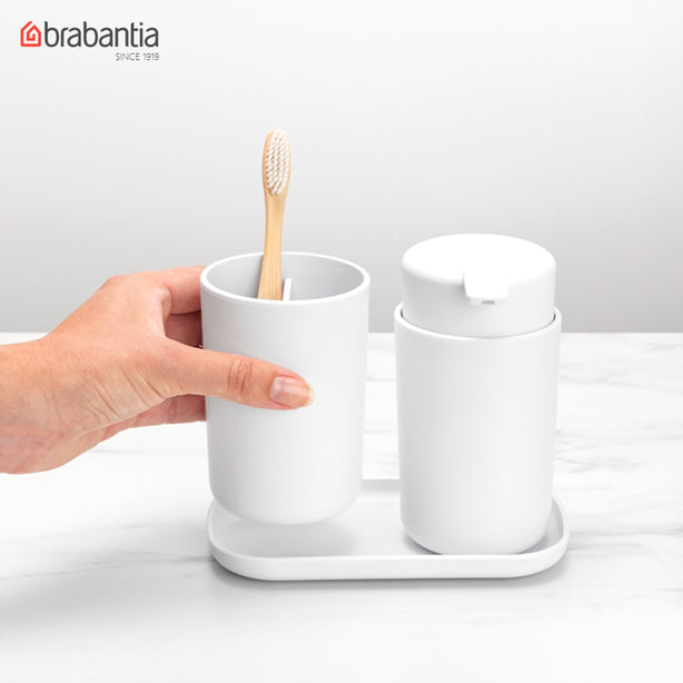 Brabantia Renew Bathroom Accessory Set (Soap Dispenser, Toothbrush holder and Tray), Set of 3