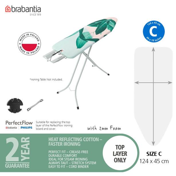 Brabantia PerfectFit Ironing Board Replacement Cover Top Layer, C, 124 x 45 cm, 1 pc - Random Design
