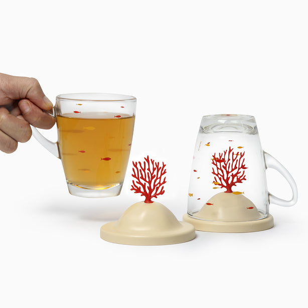 Qualy Bleaching Coral Glass Mug And Lid/Holder (Coral Red)