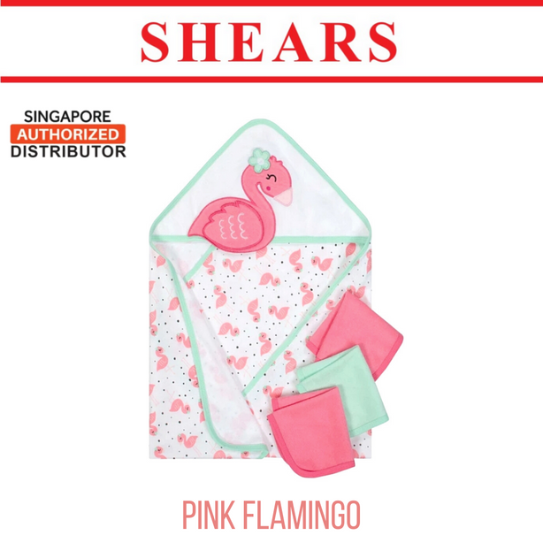 Shears Baby Bath Set Hooded Bath Towel with 3Pcs Washcloth Pink Flamingo