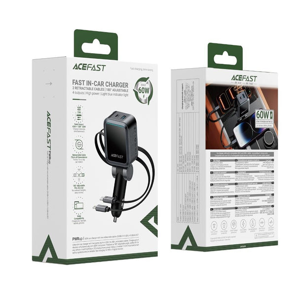 Acefast B27 60W Car Charger With Two Retractable Cables (2USB-C+1USB-L+1USB-A) - Metal Gray