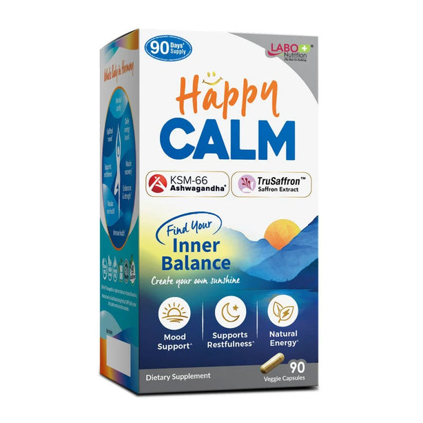 LABO Nutrition HappyCALM KSM66 Ashwagandha & Saffron Extract - Reduce Stress Relax Mood Calm Brain Restful Sleep