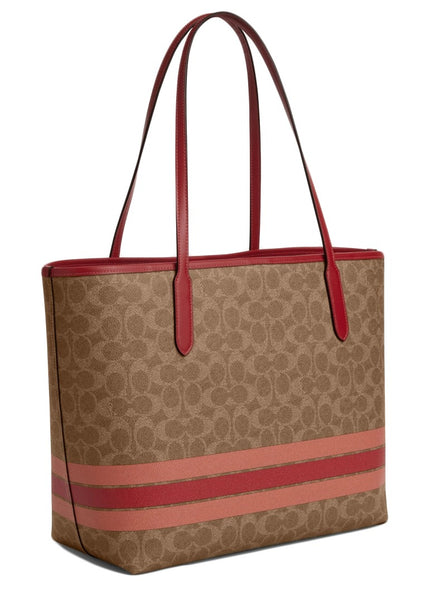 Coach City Tote Bag In Signature Canvas With Stripe - Tan Multi