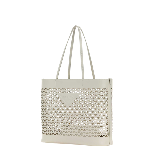 White Perforated Leather Shopping Tote Bag - White