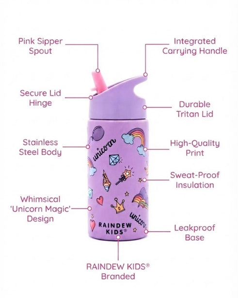 Raindew Kids Unicorn Water Bottle. Flip-up Spout/Straw Mechanism and an Integrated Carrying Loop, Insulated.