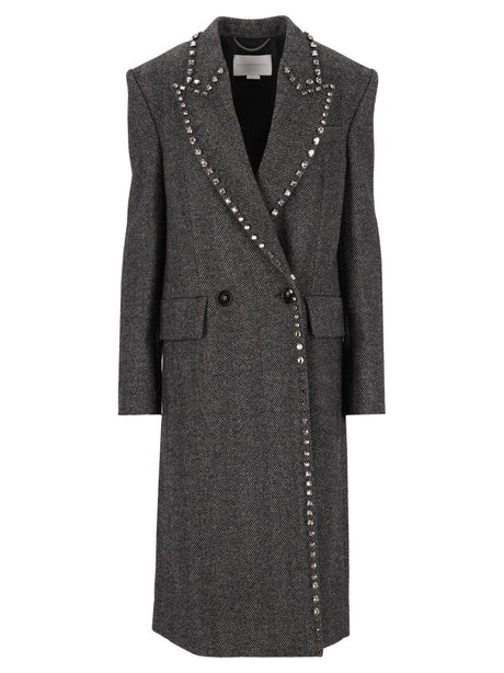 Stella Mccartney Double-Breasted Herringbone Coat With Crystals - Grey