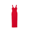 Red Sleeveless Design V-Neckline Fitted Bodice Maxi Length Straight Skirt