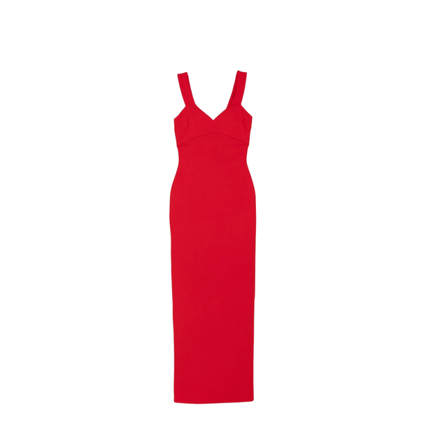 Red Sleeveless Design V-Neckline Fitted Bodice Maxi Length Straight Skirt